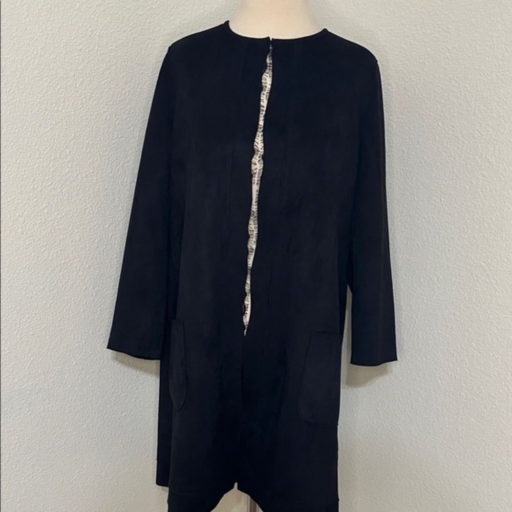Tahari Elegant Suede like Black Long Sleeve Blazer Jacket Coat Lace Trim L Large